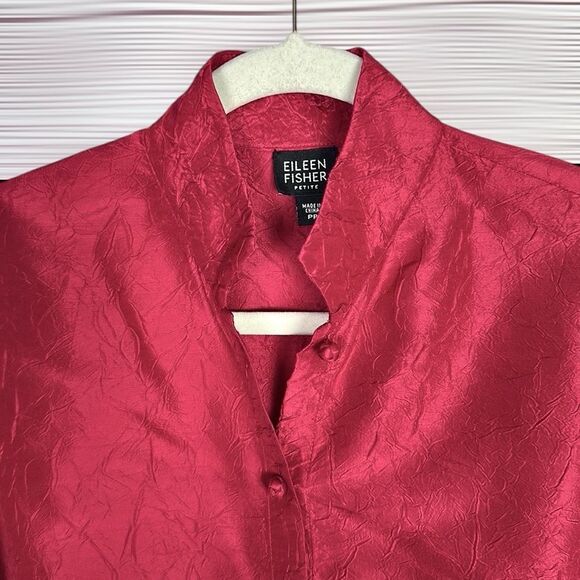 NWOT Eileen Fisher Vine Red Textured Silk Blouse Chinese Style Relaxed S petite - Picture 7 of 12
